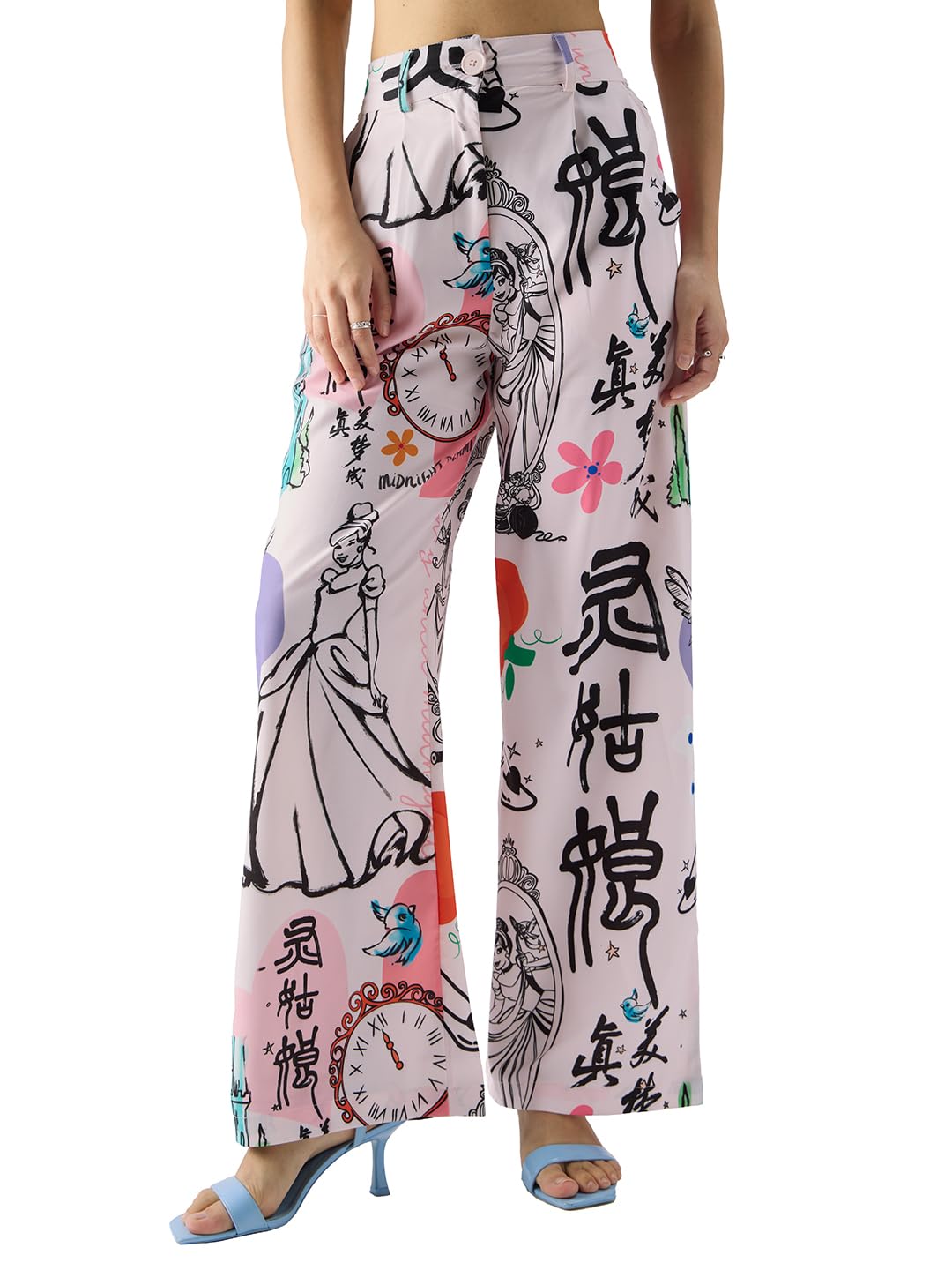 The Souled Store Textured Pant: Cinderella Women and Girls Buttoned White All Over Printed Viscose Blend Straight Fit Pants