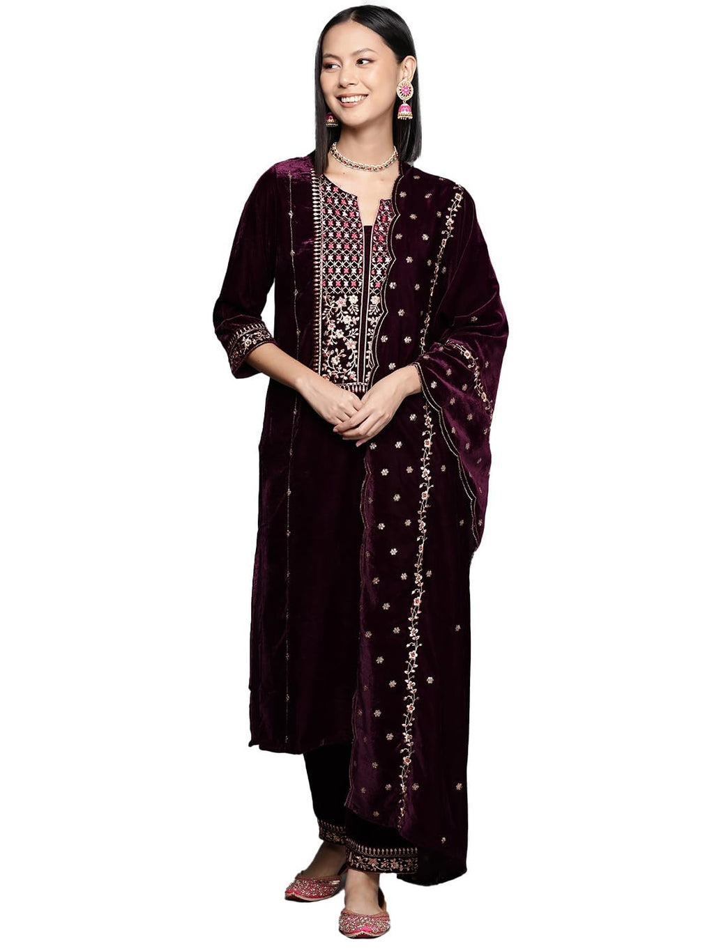Varanga Women Purple Velvet Round Neck Yoke Embroidered With Three Quarter Sleeves Straight Kurta Paired With Tonal Embroidered 