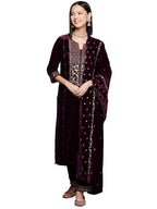 Varanga Women Purple Velvet Round Neck Yoke Embroidered With Three Quarter Sleeves Straight Kurta Paired With Tonal Embroidered 