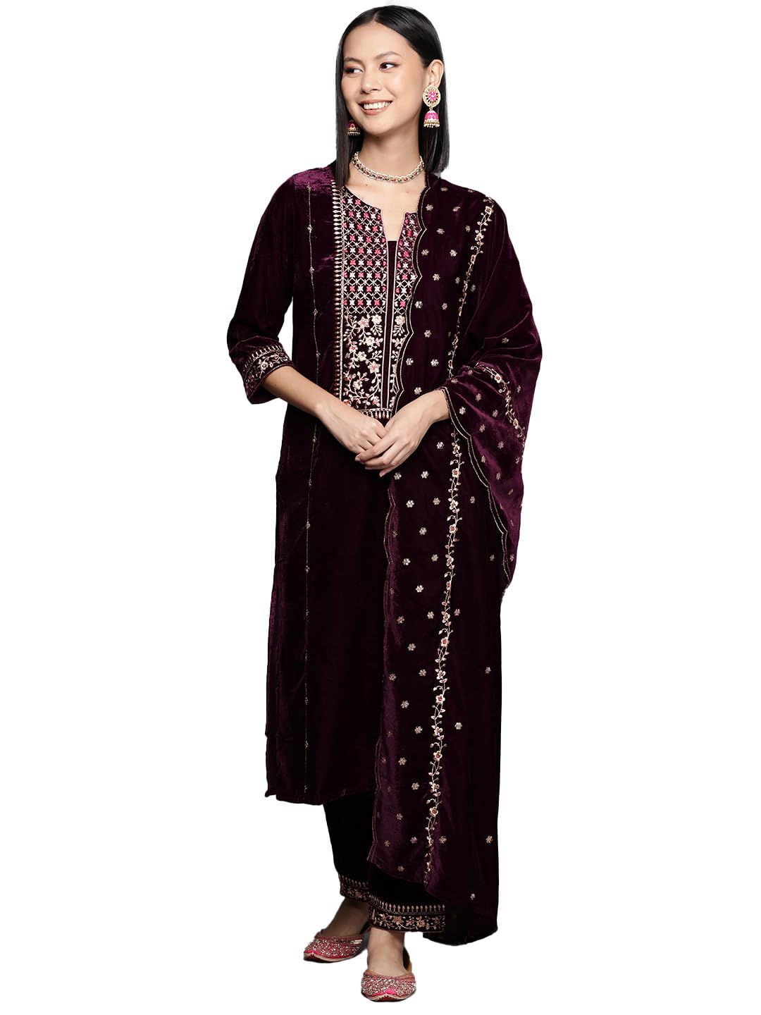 Varanga Women Purple Velvet Round Neck Yoke Embroidered With Three Quarter Sleeves Straight Kurta Paired With Tonal Embroidered 