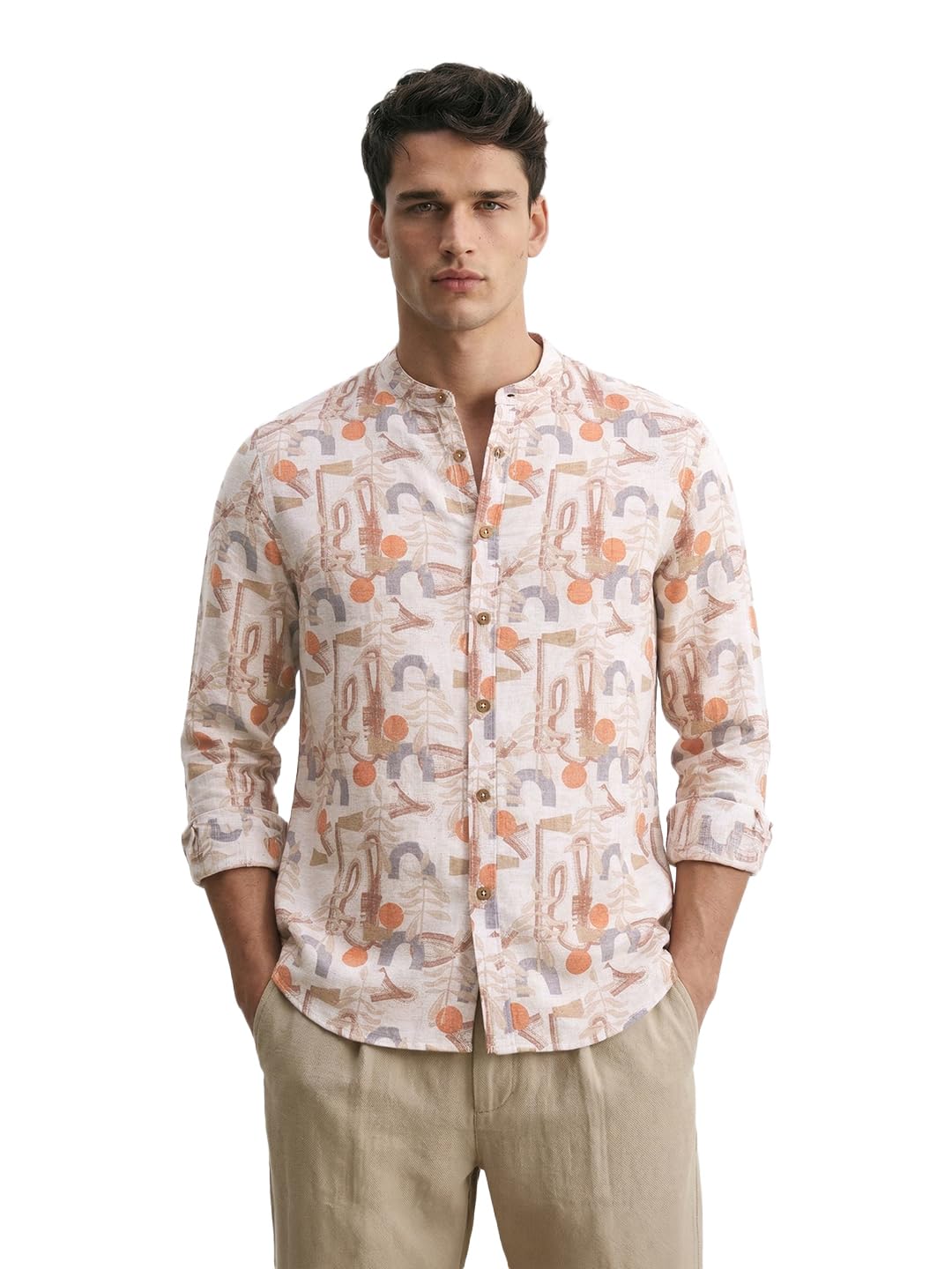 The Indian Garage Co Mens Slim Fit Printed Mandarin Collar Full Sleeves Resort Shirt