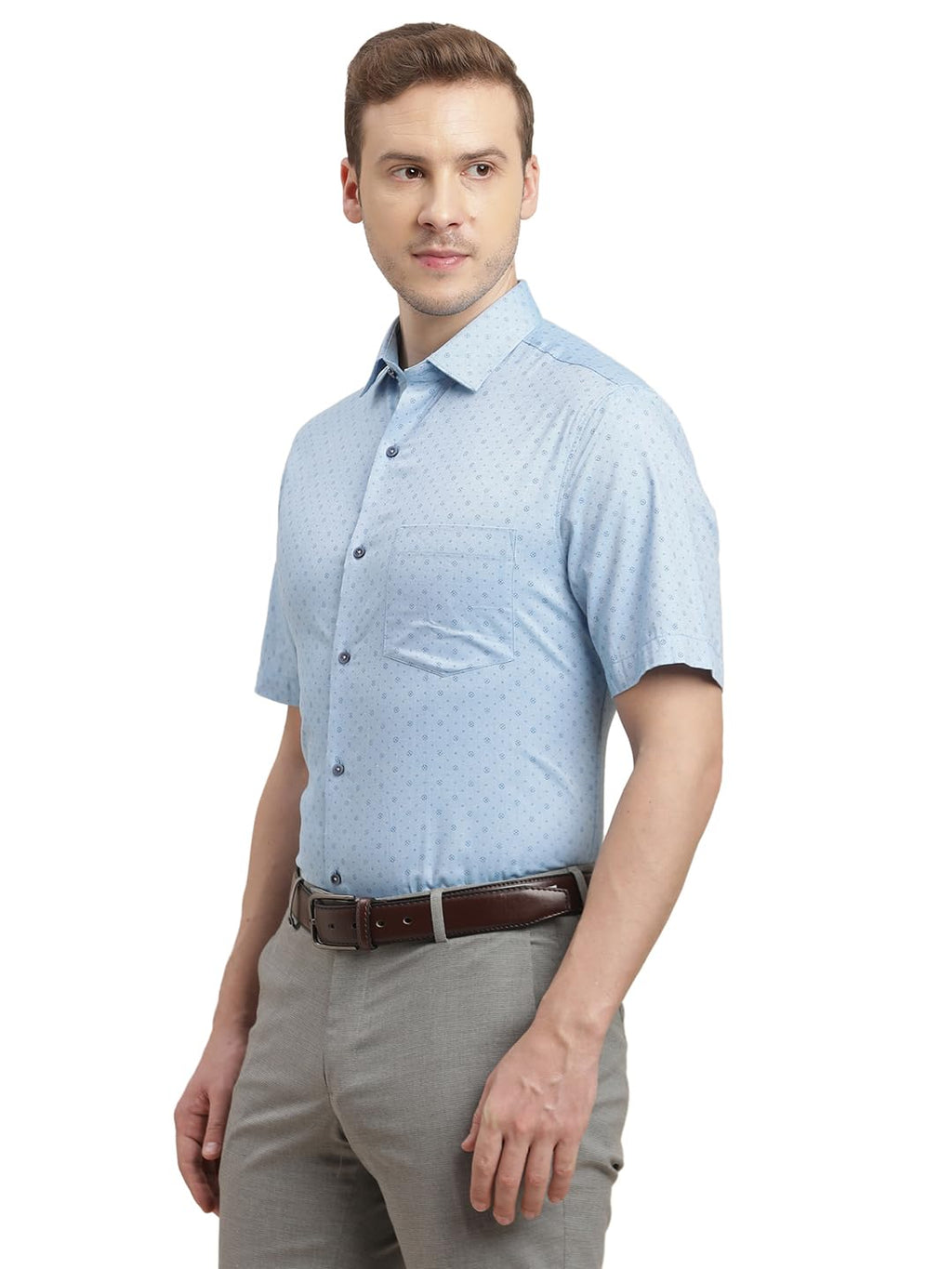 Turtle Men 100% Cotton Regular Fit Light Blue Printed Half Sleeve Formal Shirt