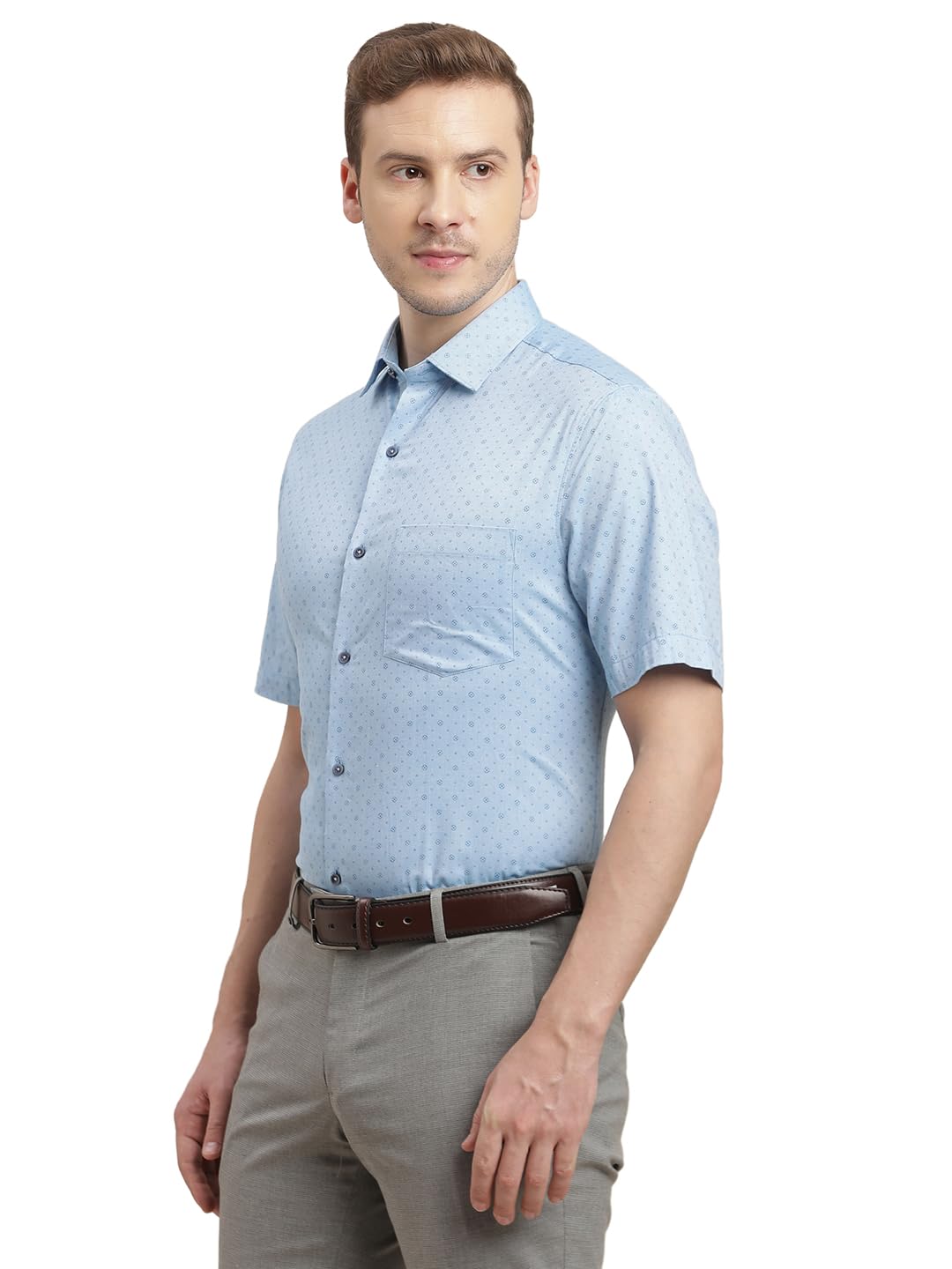Turtle Men 100% Cotton Regular Fit Light Blue Printed Half Sleeve Formal Shirt