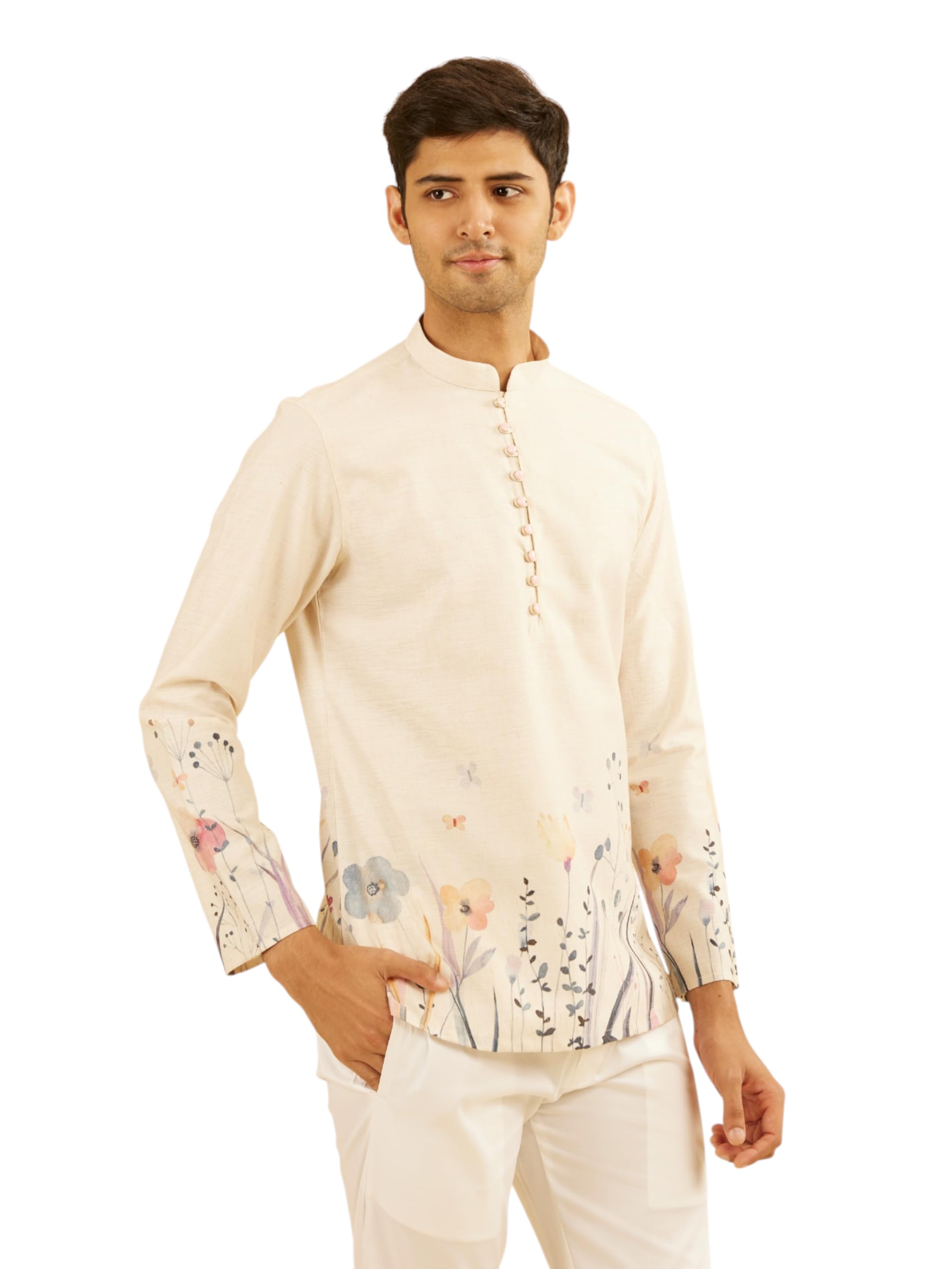 Manyavar Mens Cotton Blend Pastel Floral Prints Short Kurta (Beige,XL)