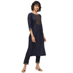 Nainvish Womens Cotton Blend A-Line Embellished Kurti Pant With Dupatta (Sd095-M_Navy Blue)