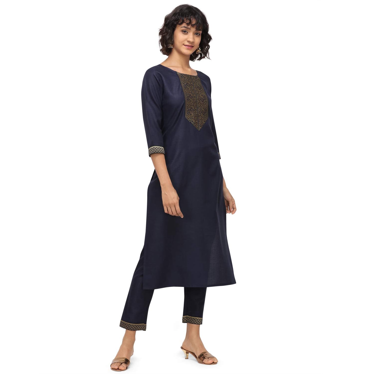 Nainvish Women'S Cotton Blend A-Line Embellished Kurti Pant With Dupatta (Sd095-S_Navy Blue)