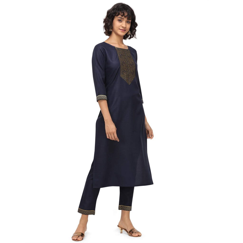 Nainvish Women'S Cotton Blend A-Line Embellished Kurti Pant With Dupatta (Sd095-Xl_Navy Blue)