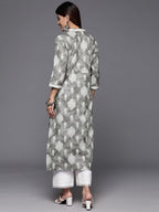 Varanga Women Grey Printed V-Neck Lace Embellished Straight Kurta - Traditional Ethnic Wear, Comfortable & Stylish For Casual &