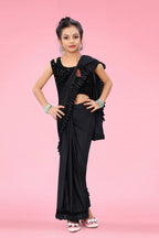 Dhyey Fashion Girls Lycra Blend Ruffle Pattern Saree With Velvet Unstitched Blouse Piece