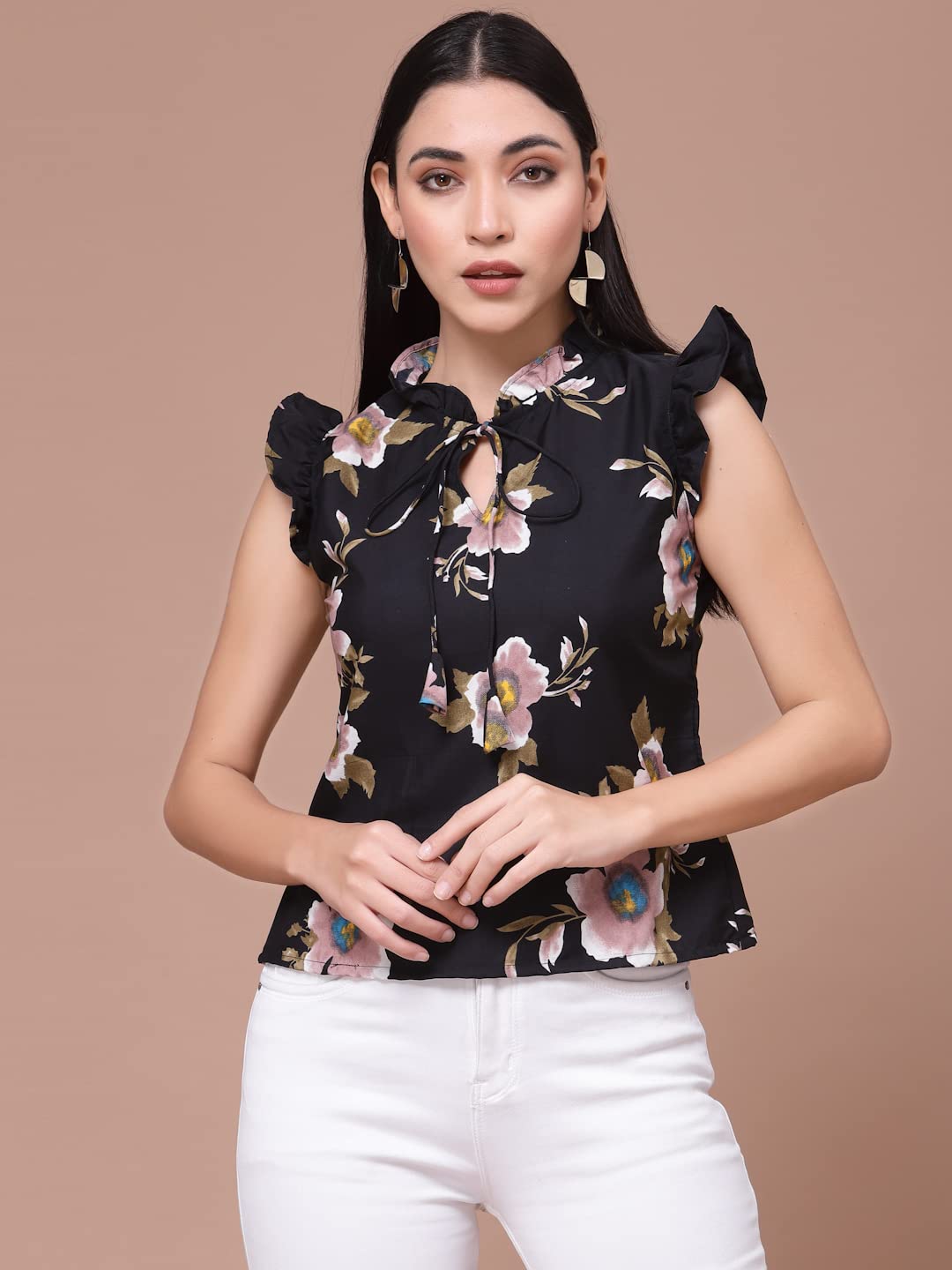 OOMPH! Womens Crepe Printed top with Tie Neck and Ruffle Sleeve