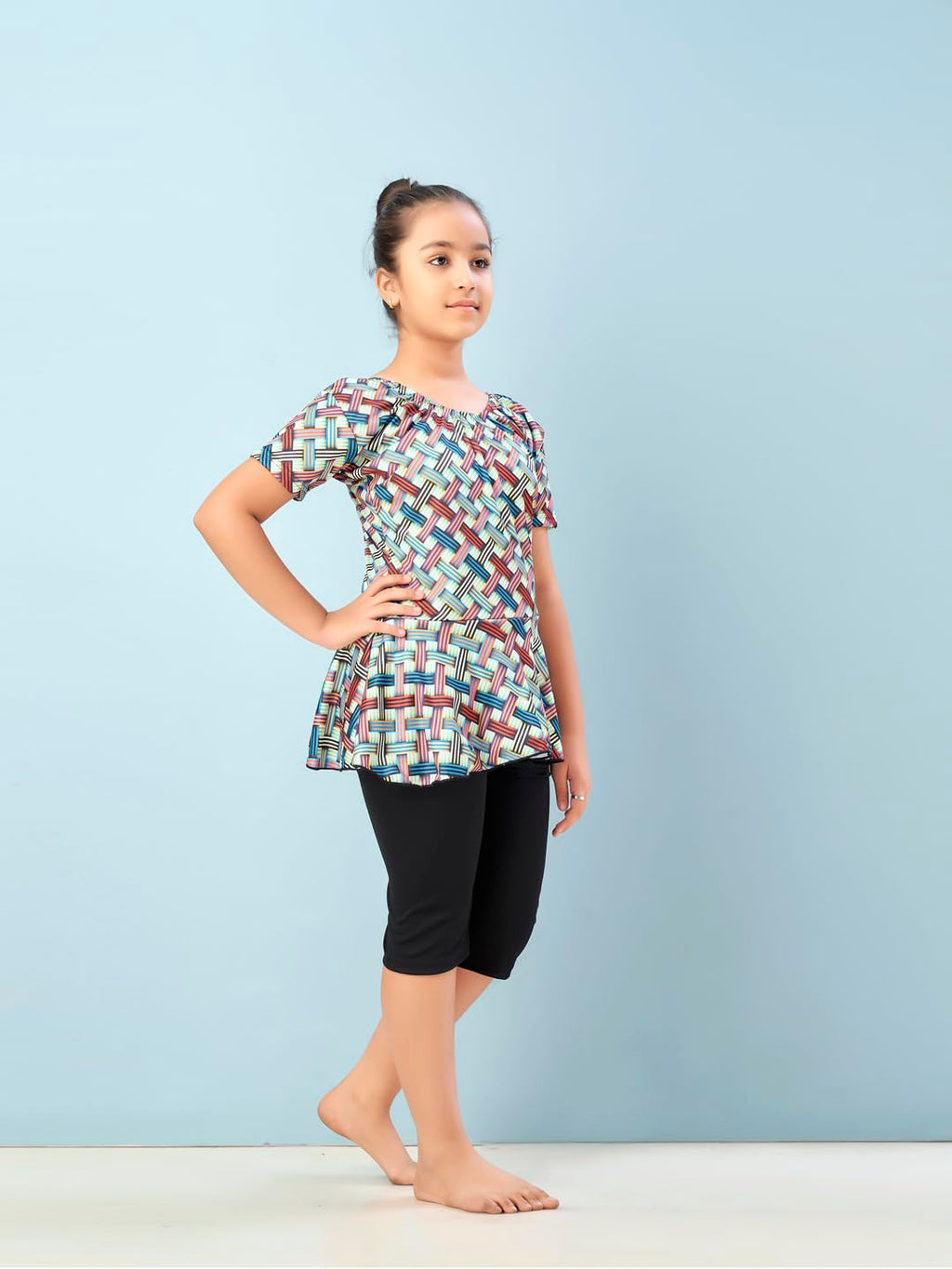 Aarika Girls Sports Wear Sea Green-Black Colour Check Print Nylon Swim Suit (5-15 Years)-(SW-SHM-C-1116)