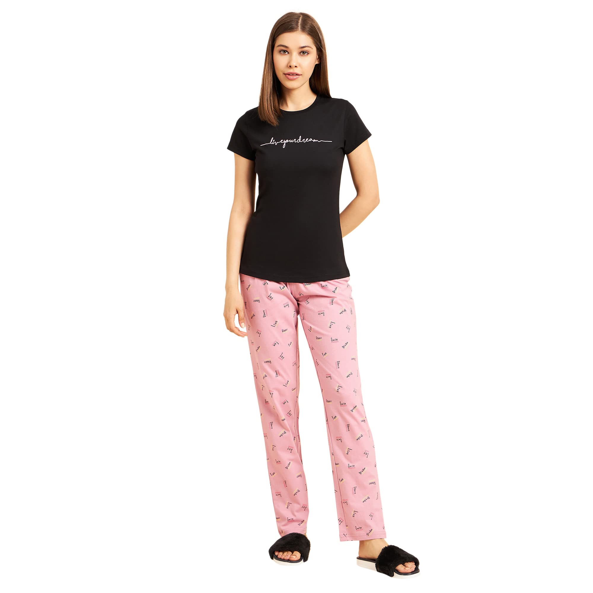 Sweet Dreams Women Cotton Top & Pyjama Set Black