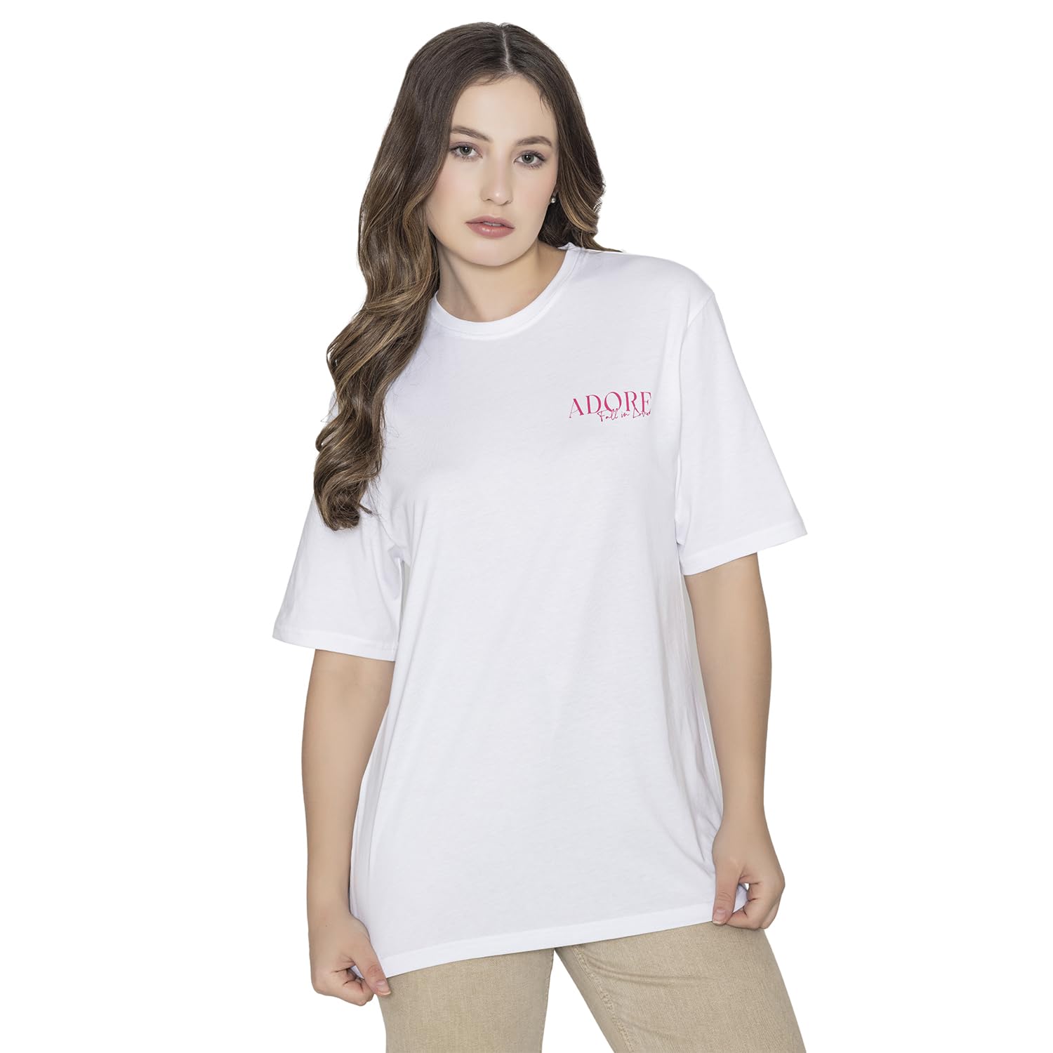 Bonjour Womens Super Combed Cotton Regular Fit Graphic Printed Round Neck Half Sleeve T-Shirt (Color:-White)