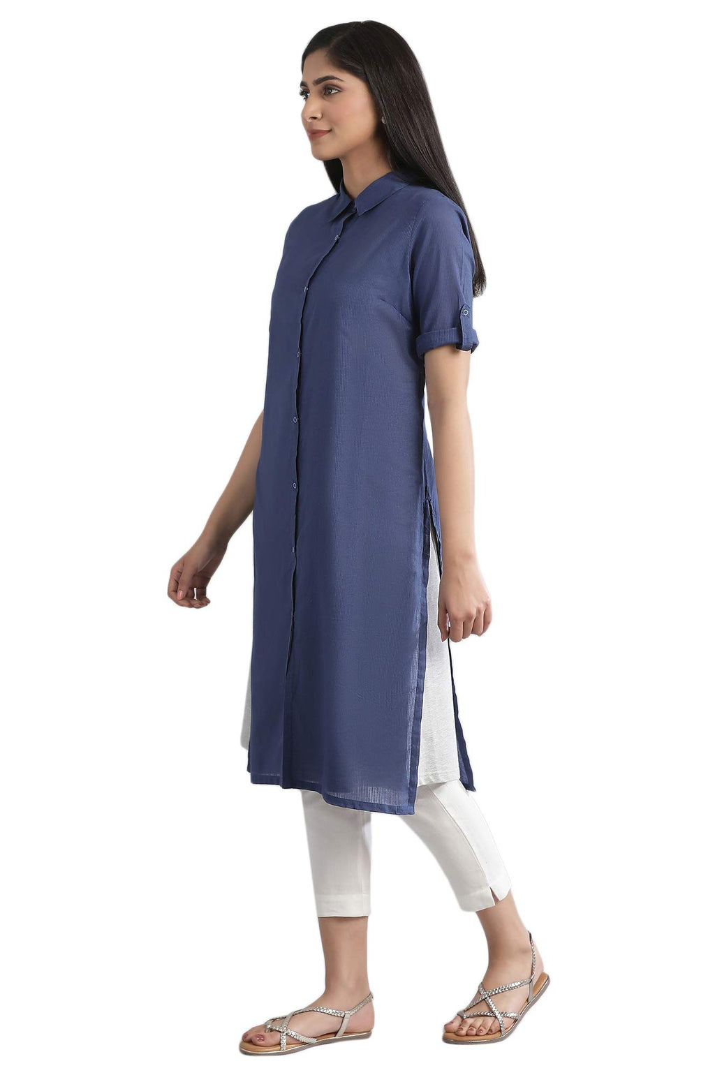 Aurelia Women'S Cotton Blend Navy Collar Neck Dress Knee-Length & Gillet