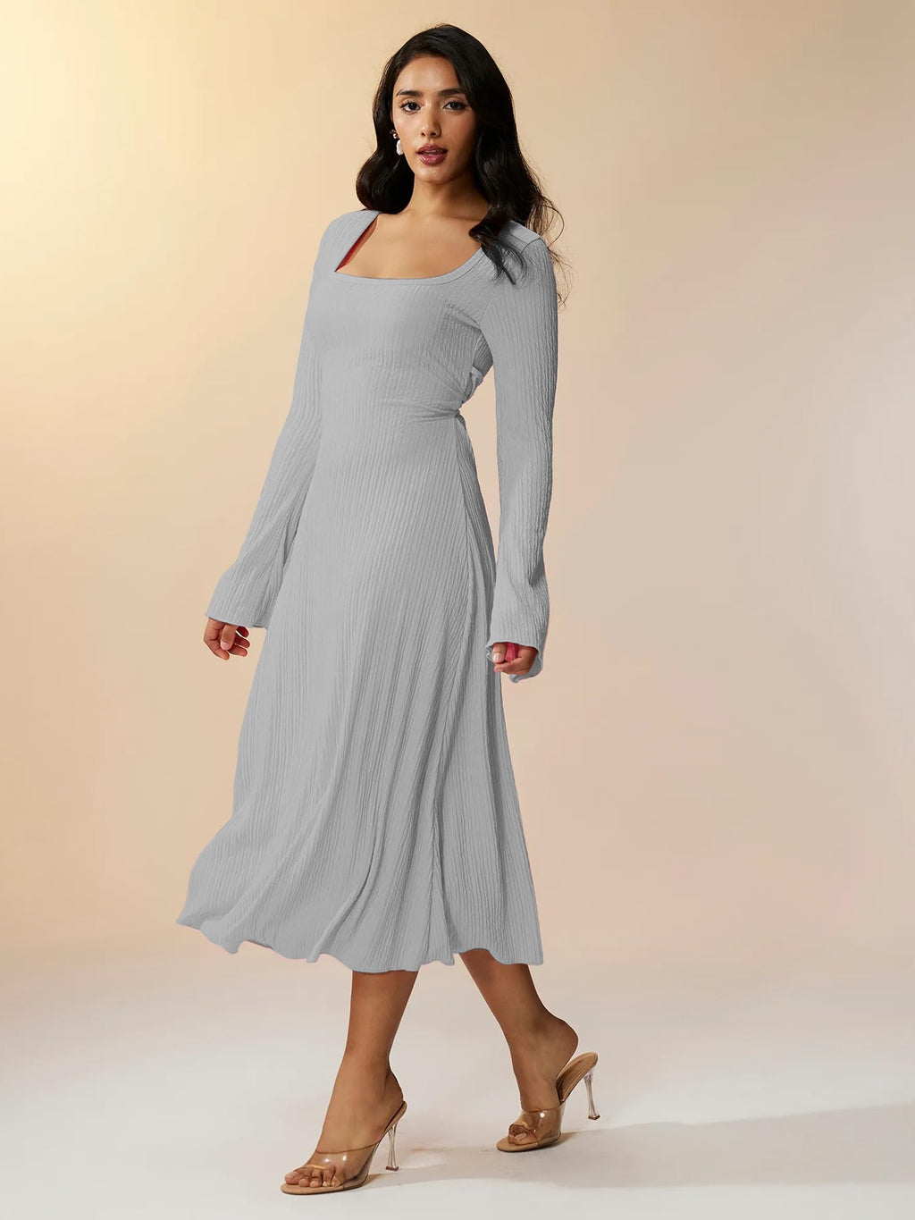 Shasmi Womens Grey Square Neck A-Line Dress  Long Sleeve, Tie Waist, Knitted Stretchable, Casual & Office Outfit, Solid Winter M
