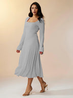 Shasmi Womens Grey Square Neck A-Line Dress  Long Sleeve, Tie Waist, Knitted Stretchable, Casual & Office Outfit, Solid Winter M