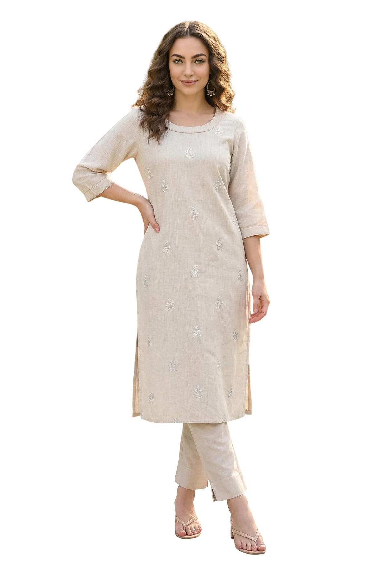Aurelia WomenS Beige Thread Embroidered Rayon Blend Straight Kurta - (A16463-607814-Xs)