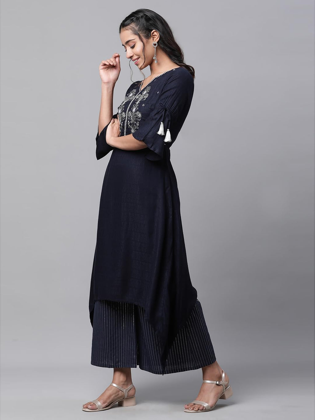 Aurelia Women Dark Blue Viscose Asymmetrical Kurta, Palazzos Suit Set