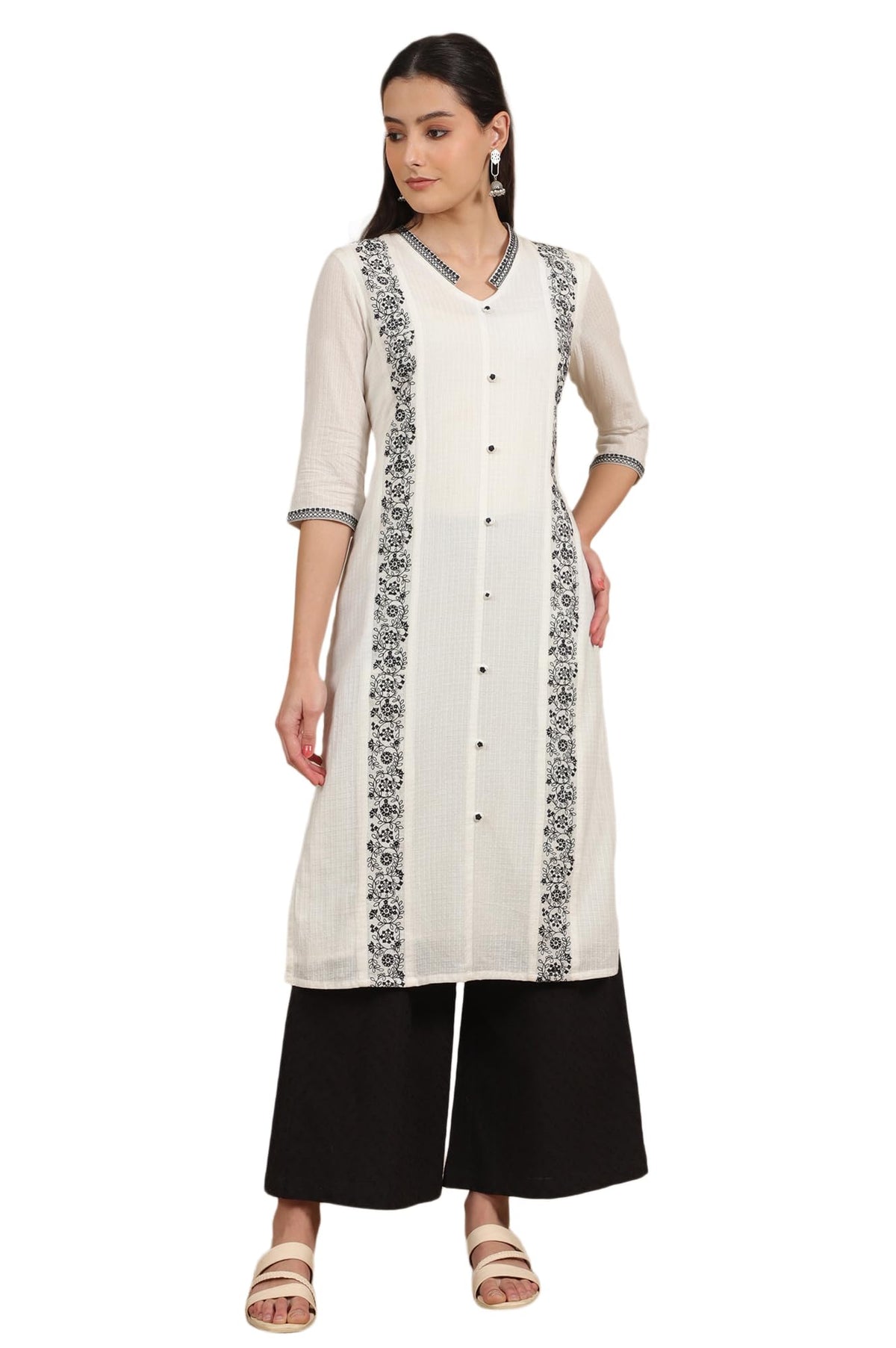 Aurelia Womens White Thread Embroidered Pure Cotton Straight Kurta and Pflared Palazzo Set (Size: XL)-AS15734-608255