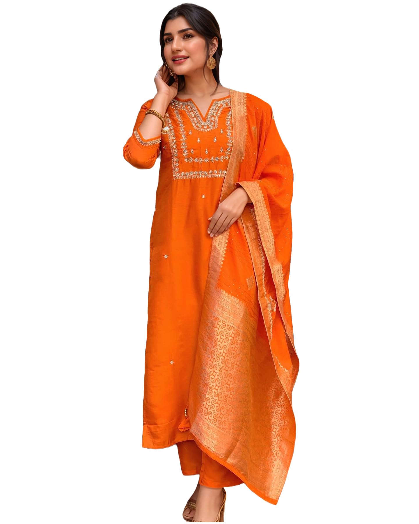 ANNI Designer Womens Silk Blend Straight Embroidered Kurta with Pant & Dupatta (MANUSHI Orange-VKS02_XS_Orange_X-Small)