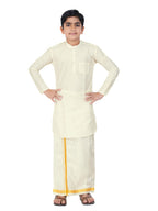 Prakasam Cotton Boys Cream Art Silk Long Sleeve Kurtha With Stitched Art Silk Cream Dhoti For Boys