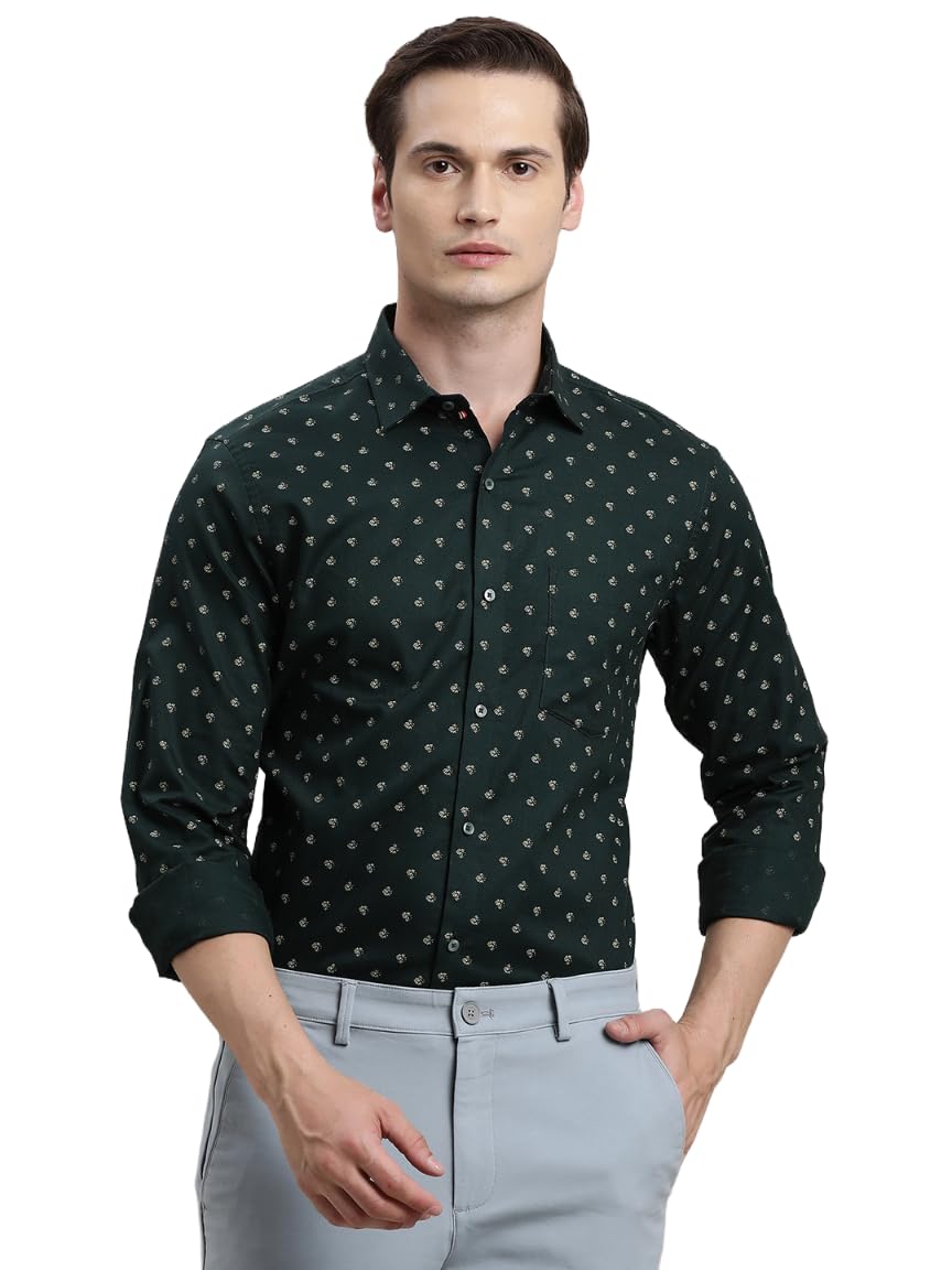 Turtle Men Dark Green Printed Full Sleeve Regular Fit 100% Cotton Formal Shirt