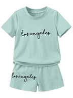 AVANOVA Boys Pista 2pcs/Set Young Boy Loose Comfortable T-Shirt With Los Angeles Print And Shorts, Casual Cute Style Suitable F