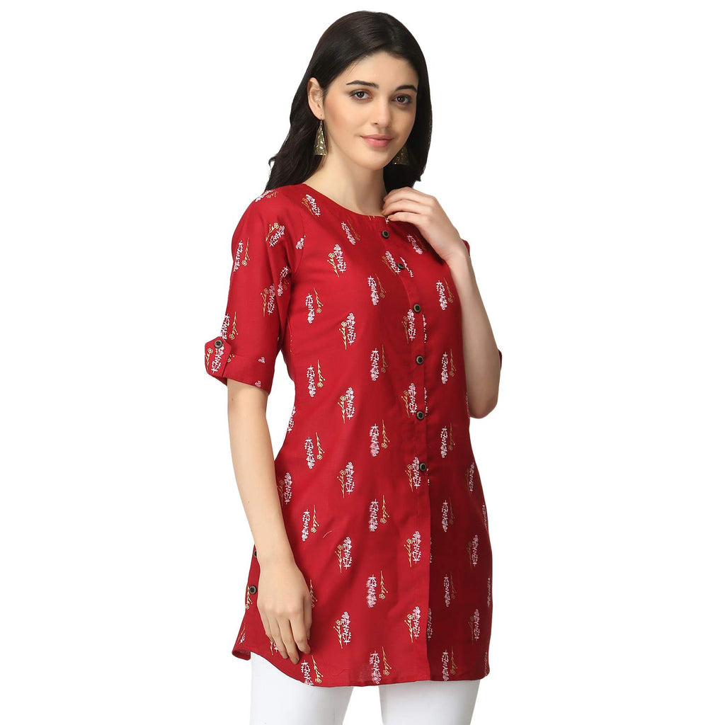 Leriya Fashion Rayon Fabric Printed Round Neck Short Kurtis For Women Top Dresses Kurti For Girls & Ladies Kurtis (X-Large, Red)