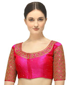 Pujia Mills Womens Embroidery Handwork Sequence Work Necklace Design Readymade Blouse (Dark Pink, 32)