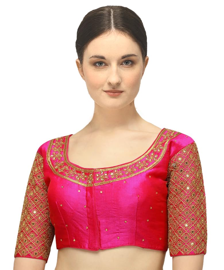 Pujia Mills Womens Embroidery Handwork Sequence Work Necklace Design Readymade Blouse (Dark Pink, 32)