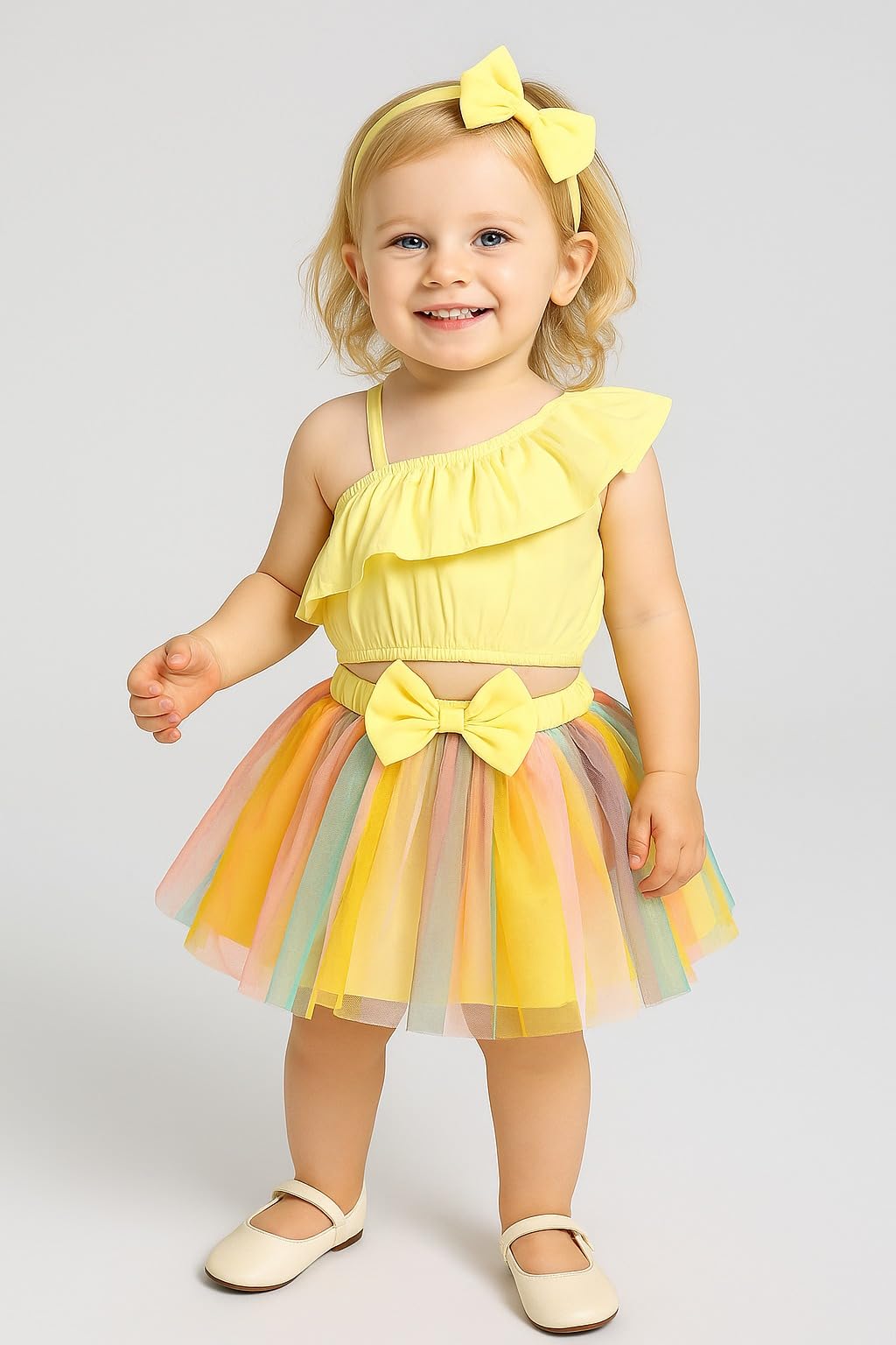 A.T.U.N. (ALL THINGS UBER NICE) Baby Girls One Shoulder Crop Top with Printed Skirt & Matching Headband | 3 Piece Outfit Set