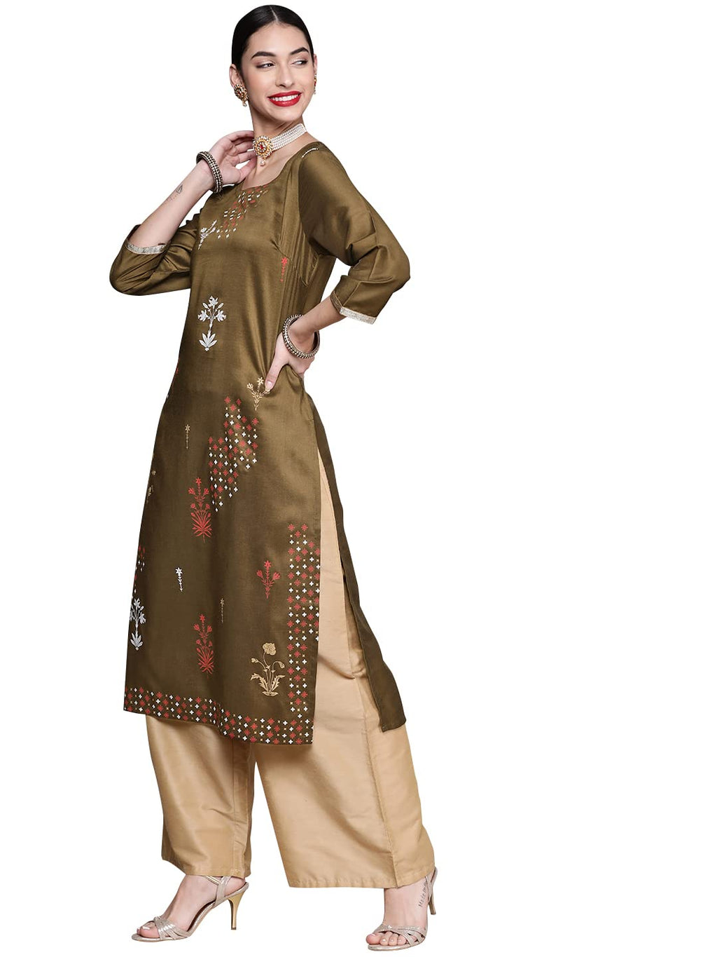 Ziyaa Women Women'S Olive Green Chinon Straight Kurta