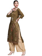 Ziyaa Women Women'S Olive Green Chinon Straight Kurta