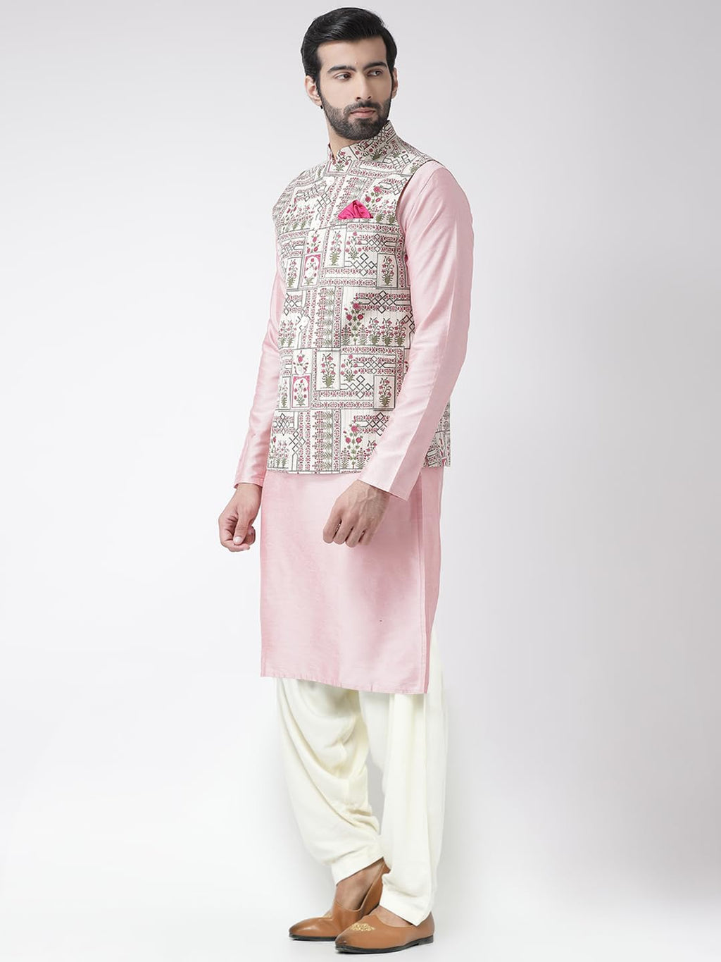 Kisah Men Pink Kurta With Pyjamas With Nehru Jacket, Full Sleaves, Knee Length, Straight, Regular Fit, Mandarin Collar Ethnic We