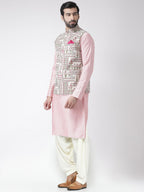 Kisah Men Pink Kurta With Pyjamas With Nehru Jacket, Full Sleaves, Knee Length, Straight, Regular Fit, Mandarin Collar Ethnic We