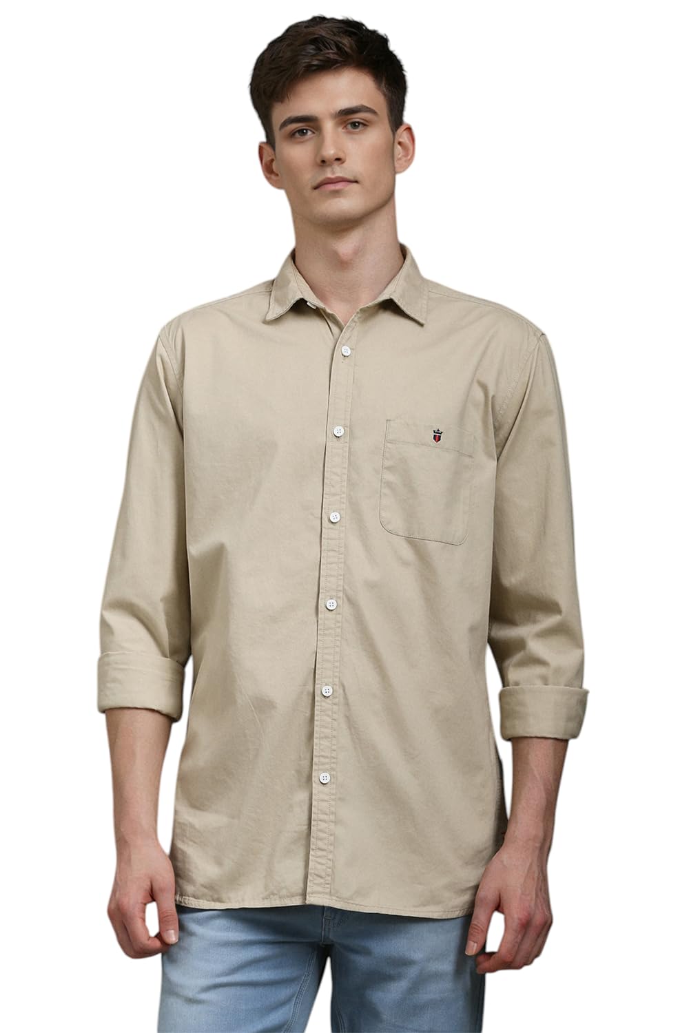 Louis Philippe Men Beige Slim Fit Solid Full Sleeves Casual Shirt