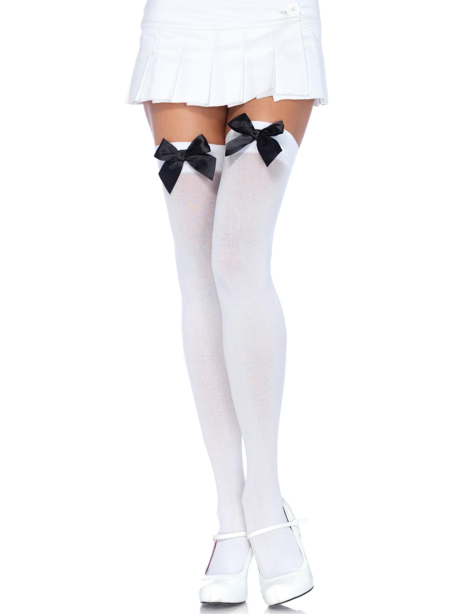 Nylon Over The Knee W/Bow O/S WHITE/BLACK