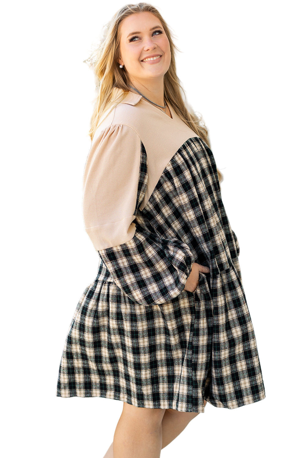 Black Plaid Waffle Knit Patchwork Collared V Neck Plus Size Mini Dress