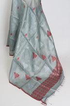 Benu: Grey & Red Bengal Tussar Silk Saree | Intricate Jamdani Weaving