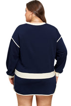 Navy Blue Plus Color Block Drop Shoulder Top and Lace-up Skirt Outfit