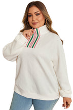 Beige Plus Size Rhombus Texture Contrast Striped Collar Baggy Sweatshirt