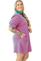 Rose Stripe Collared V Neck Puff Sleeve Shift T Shirt Dress with Pockets