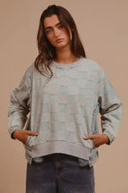 Women's Denim Top Denim Top - Mineral Washed Checkered - Casual Round Neck