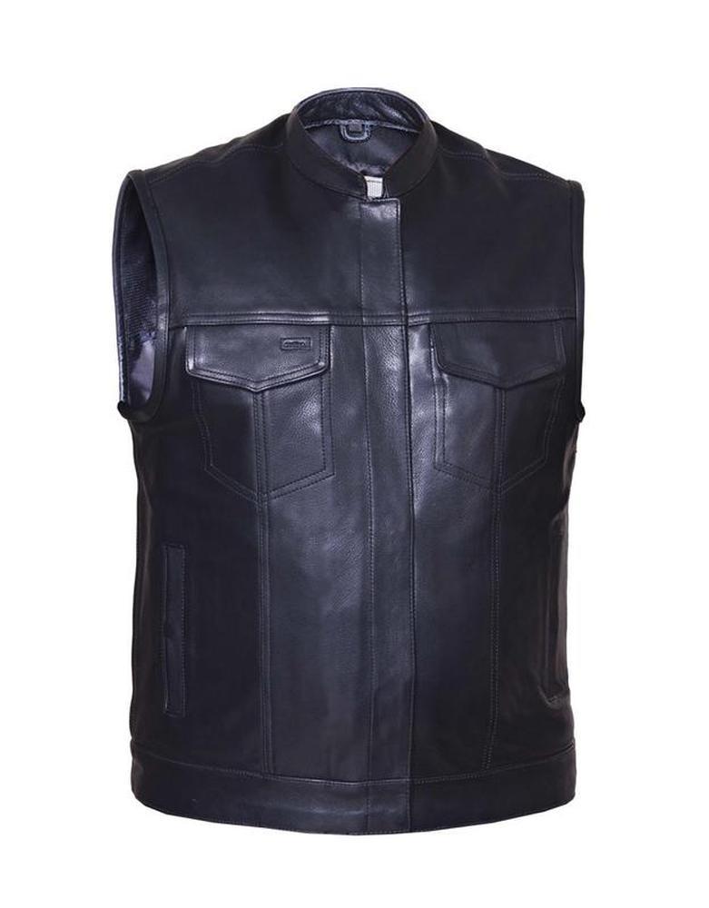 Men's Premium SOA Style Collared Leather Club Vest,Black,Size - 3XL