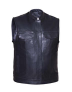 Men's Premium SOA Style Collared Leather Club Vest,Black,Size - Large