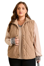 Camel Plus Size Quilted Cord Snap Button Vest Jacket