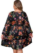 Black Plus Size Floral Print Tie Neck Cinched Waist Long Sleeve Mini Dress