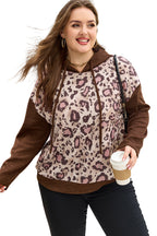 Brown Leopard Print Knit Patchwork Plus Hoodie