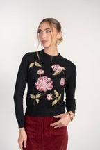 Floral Embroidered Crew Neck Sweater- Floral Artwork on Black