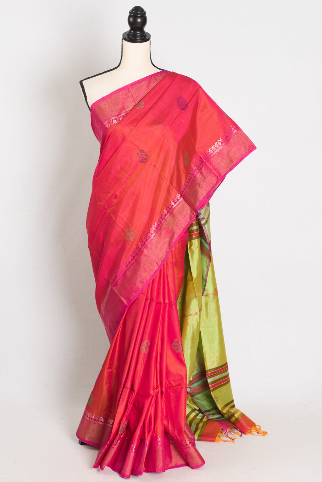 Malini : Bishnupur Katan Silk Saree in Peach Orange and Green